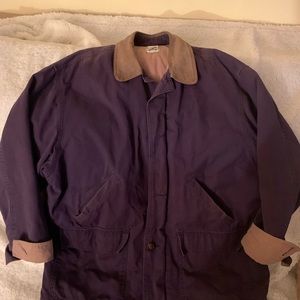 Navy barn jacket with Tan suede cuffs and collar. GAP Lrg.